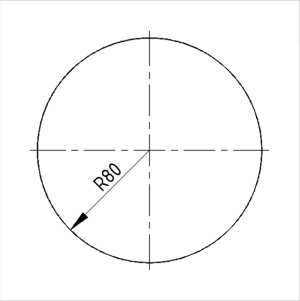 Joonisel on kujutatud ringjoon, mille keskpunkti läbivad telgjooned ulatuvad ringjoonest üle võrdse pikkuse võrra. Lisatud on ringi raadiusmõõt R80.